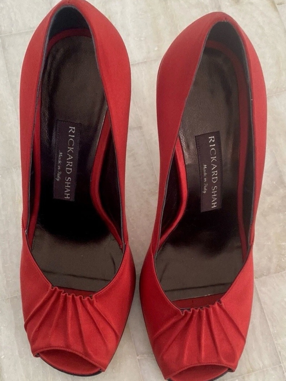 Richard Shah Red Satin Peep-Toe Heels